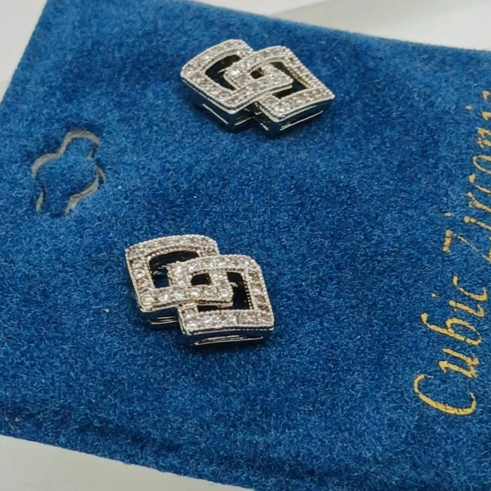 Vintage 1990s‎ Cubic Zirconia Interlocking Square Stud Earrings Silver Tone Rare